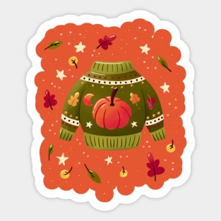 Christmas holiday sweater with cute pumpkin and leaves. Colorful winter festive illustration. 02 Sticker